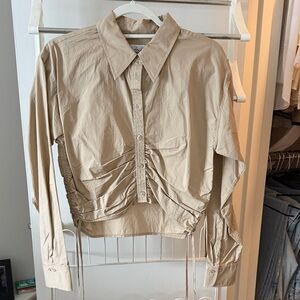 L’Academie Beige Drawstring Cropped Button-Up Shirt